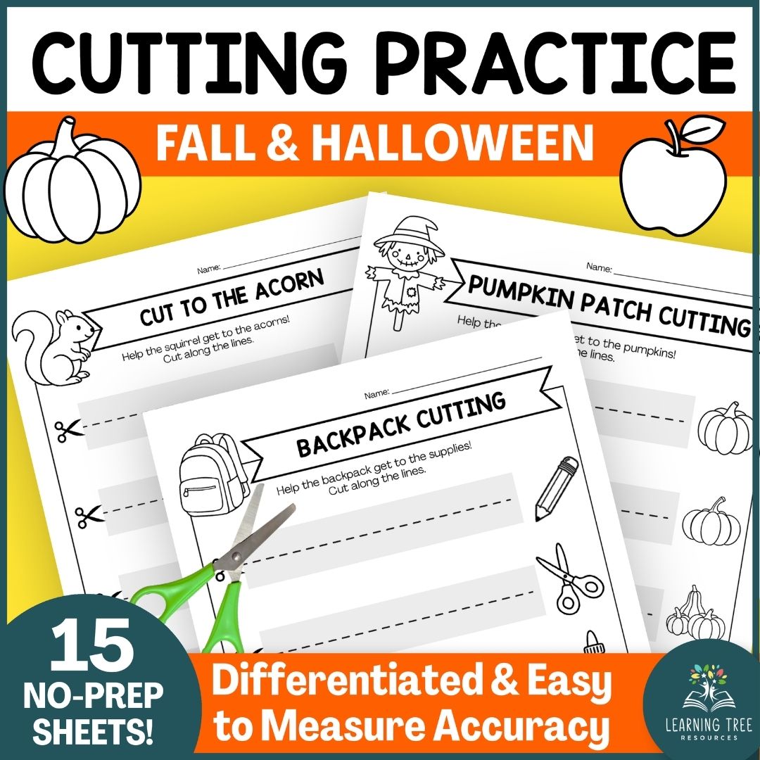 Fall Cutting Practice with Scissors-Cutting Straight Lines Worksheets for Kindergarten & Preschool