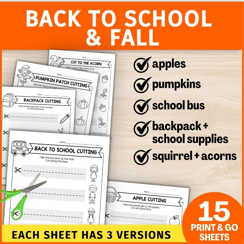 Fall Cutting Practice with Scissors-Cutting Straight Lines Worksheets for Kindergarten & Preschool