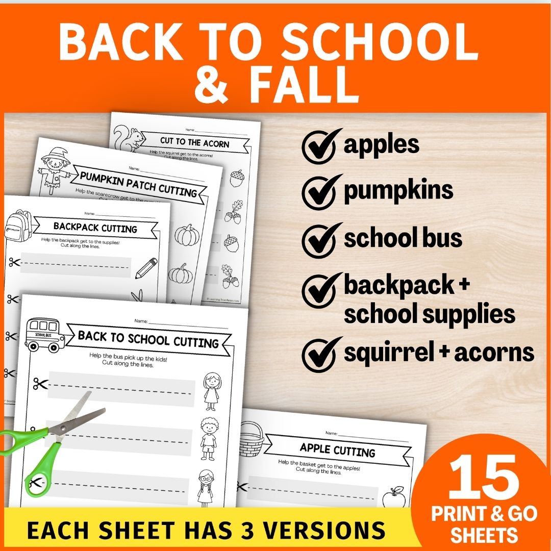 Fall Cutting Practice with Scissors-Cutting Straight Lines Worksheets for Kindergarten & Preschool