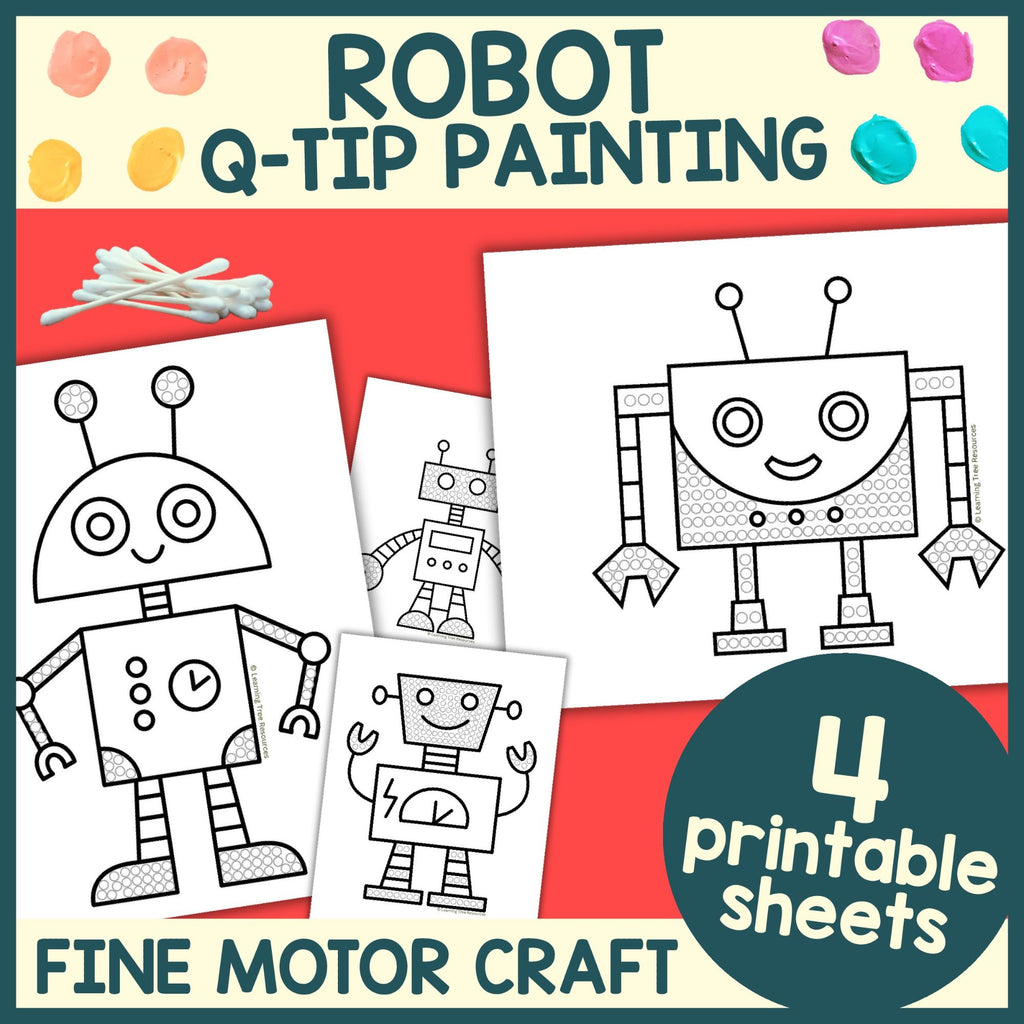 Robot Q-Tip Painting- Robot Fine Motor Craft- Dot Art