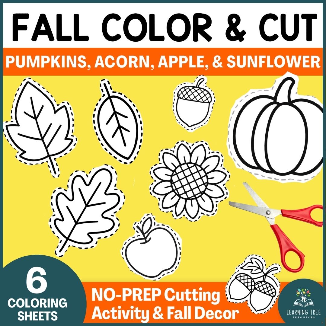 Fall Leaf & Pumpkin Cut Out, Cutting Practice- Apple, Sunflower & Acorn Template