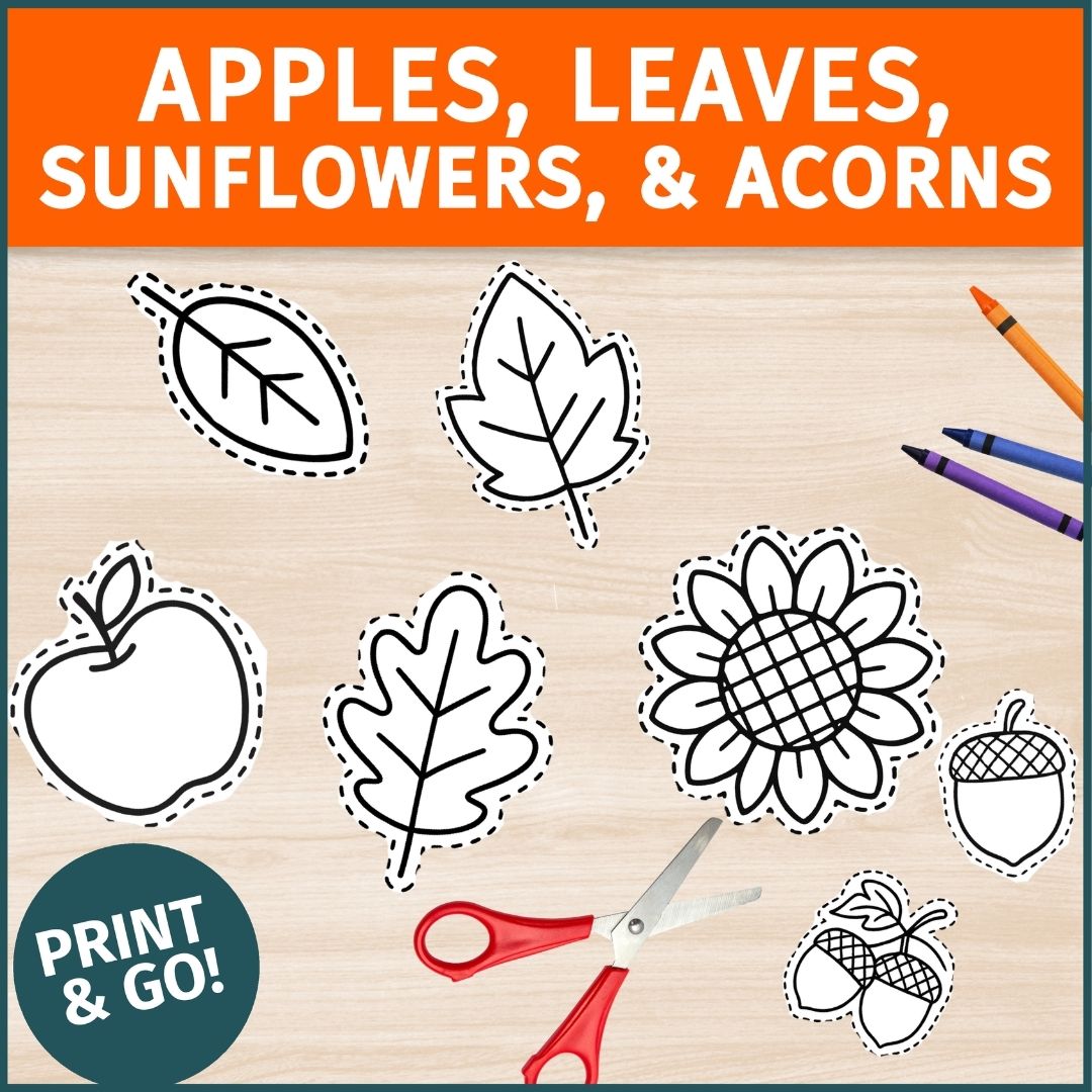 Fall Leaf & Pumpkin Cut Out, Cutting Practice- Apple, Sunflower & Acorn Template