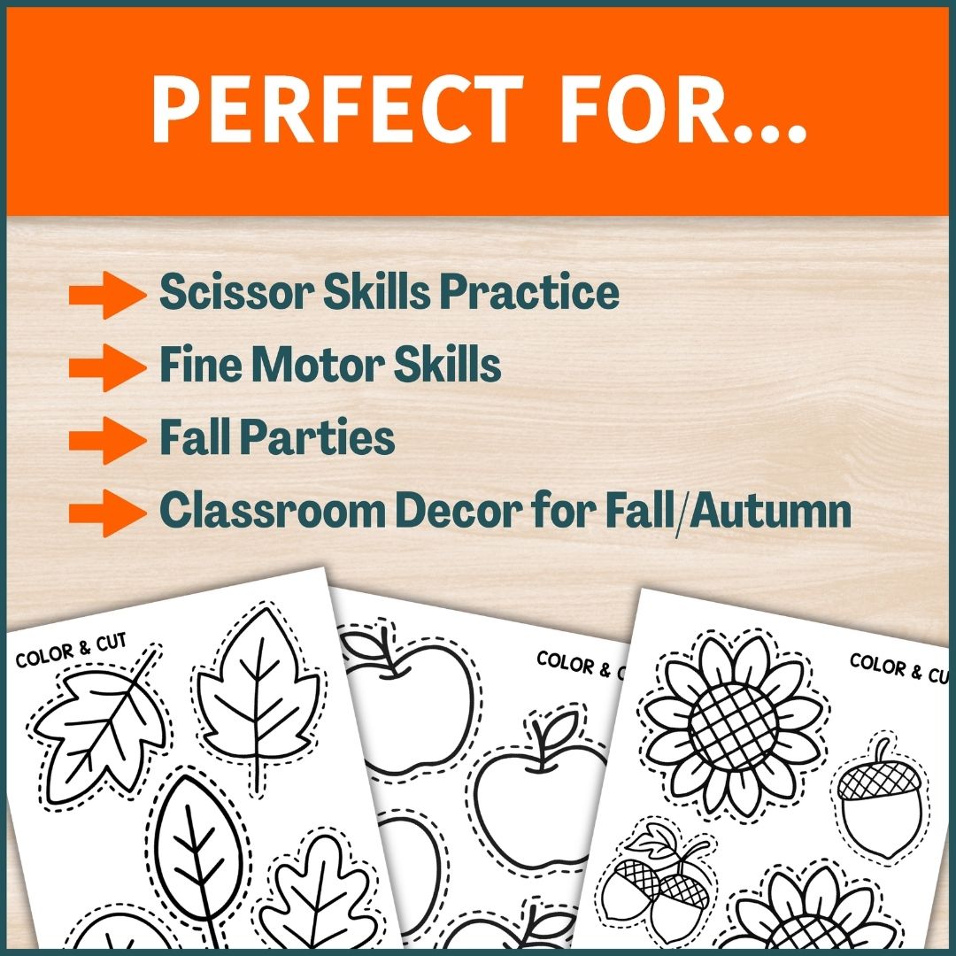 Fall Leaf & Pumpkin Cut Out, Cutting Practice- Apple, Sunflower & Acorn Template