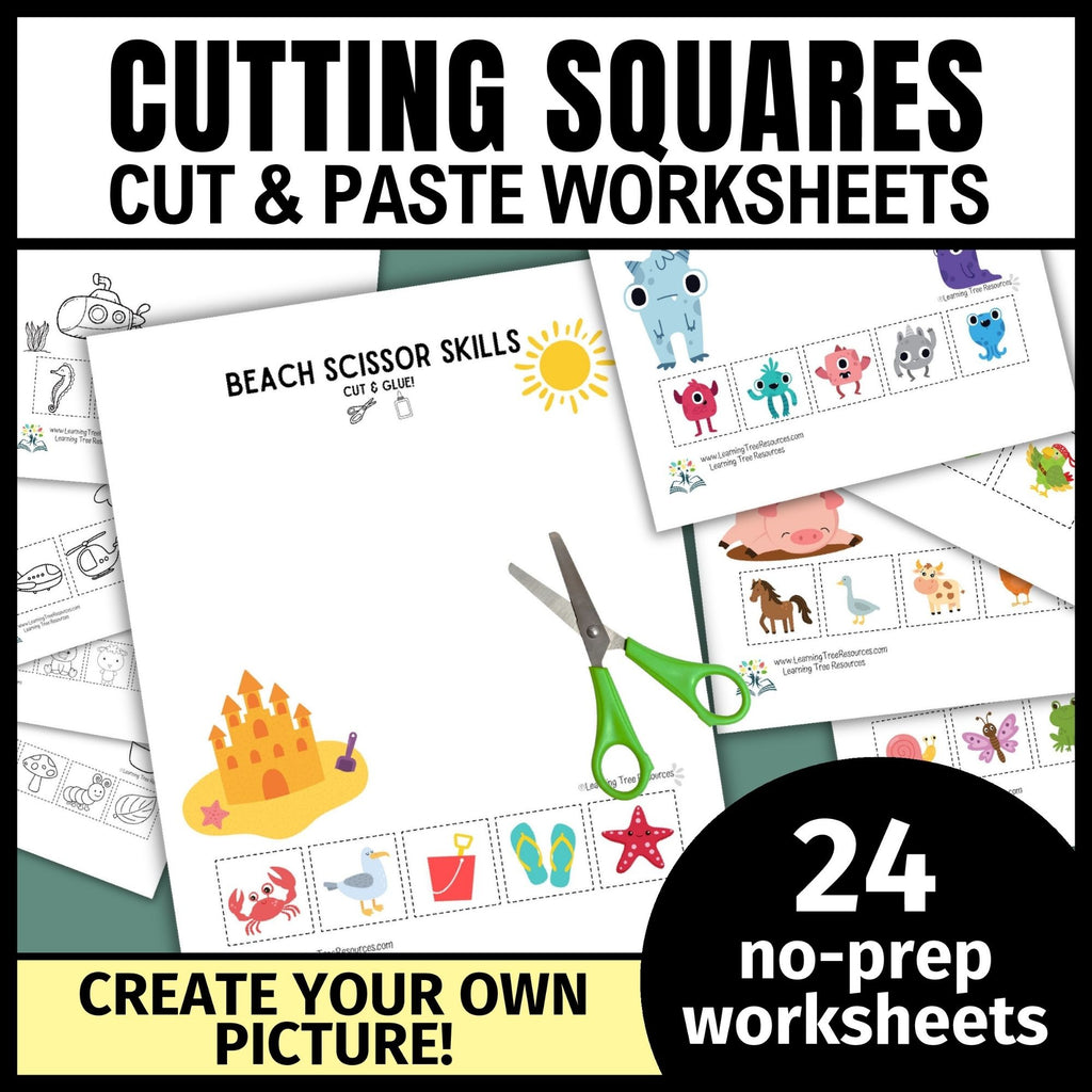 Errorless Cutting Practice Worksheets- Squares Cut and Paste Printables
