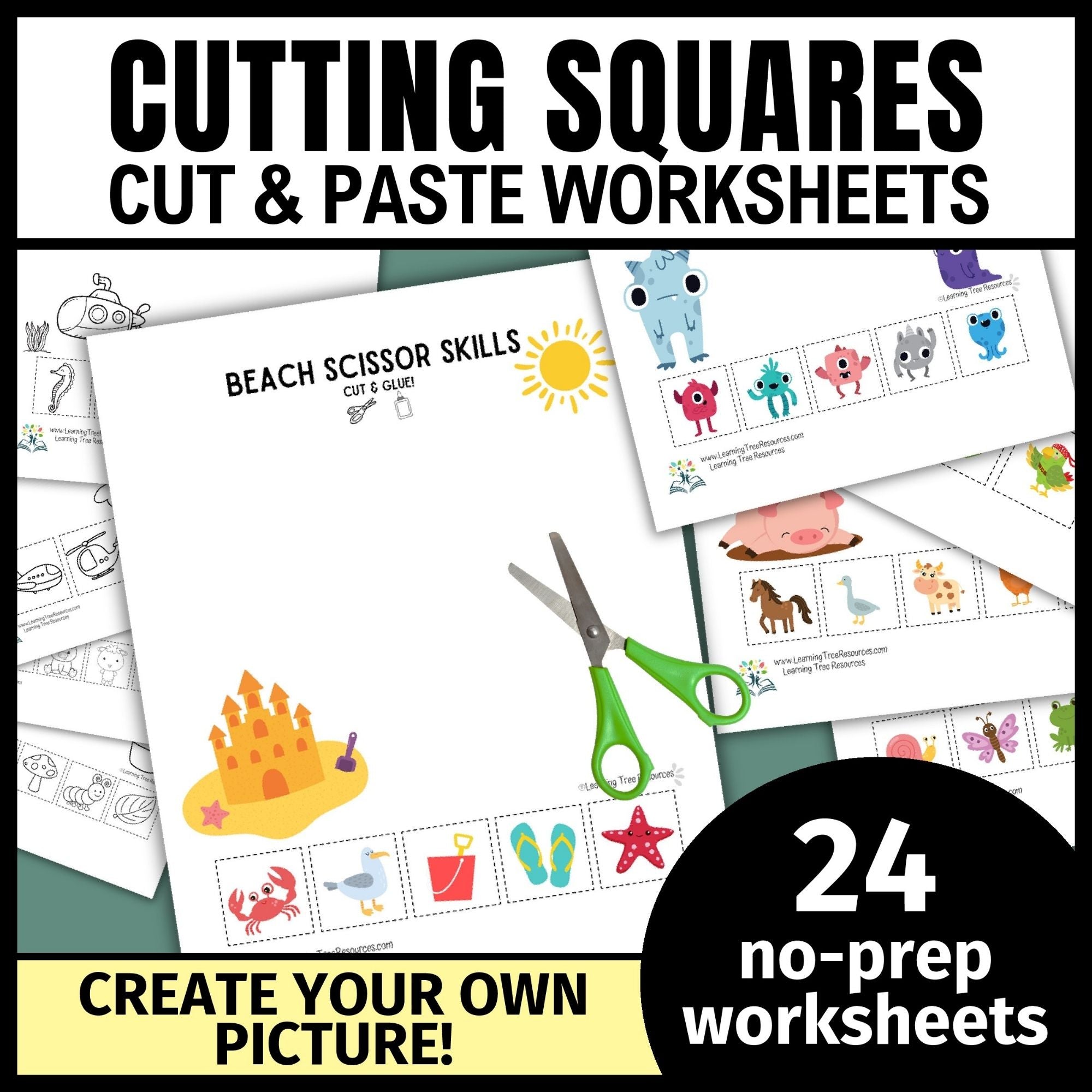Errorless Cutting Practice Worksheets- Squares Cut and Paste Printables