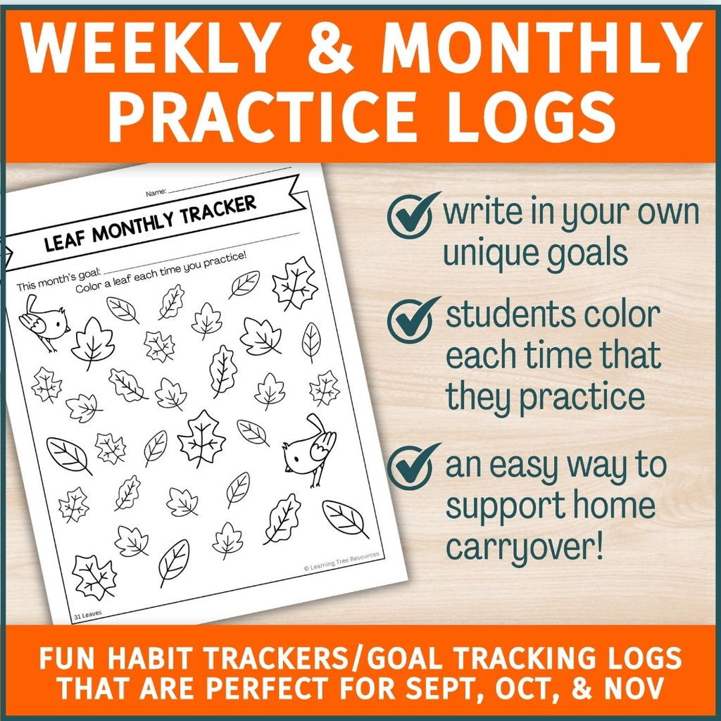 Habit Tracker, Goal Tracker Sheets & Practice Logs for Fall- Autumn Home Program Logs