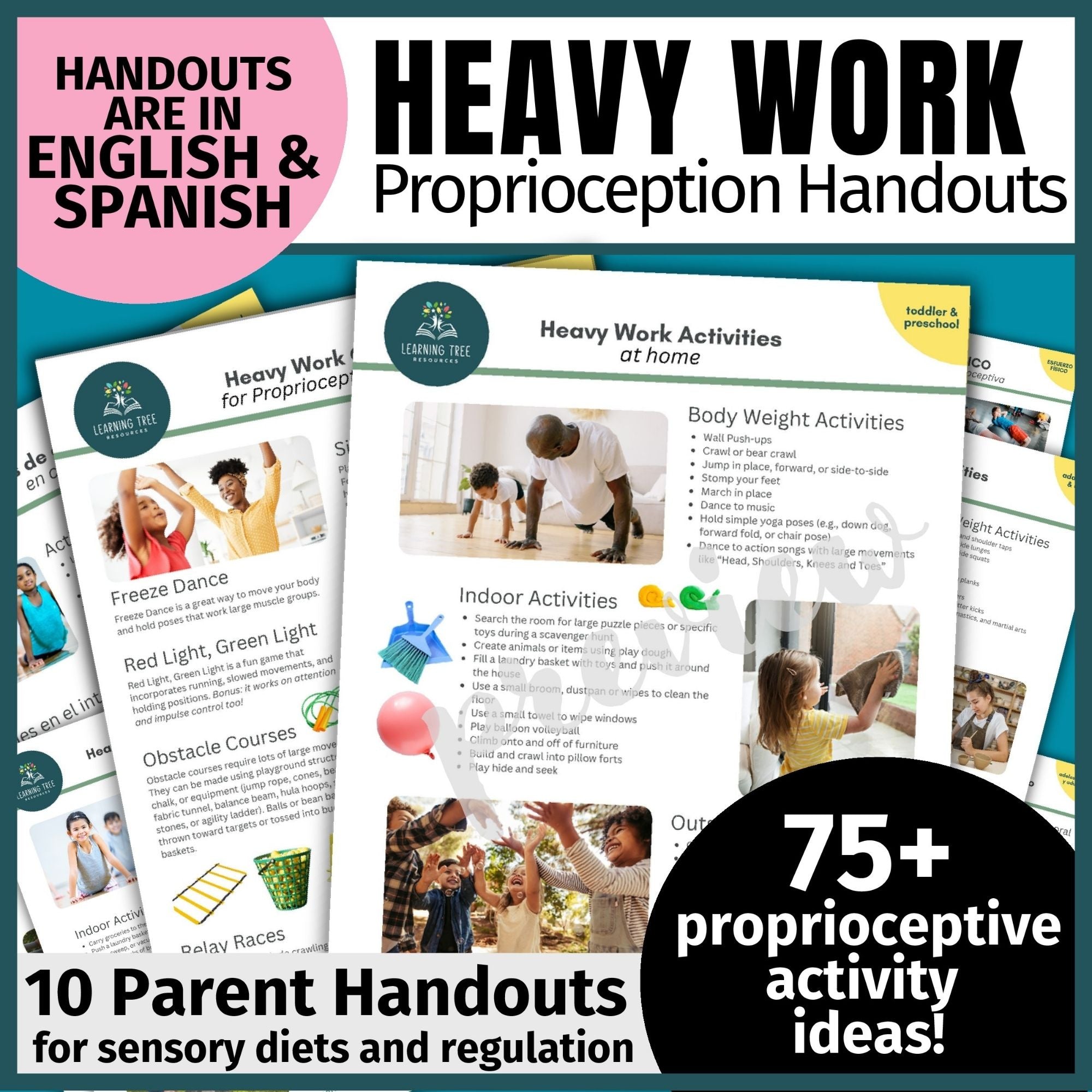 Proprioception, Heavy Work & Sensory Diet Activity Handouts in Spanish & English BUNDLE