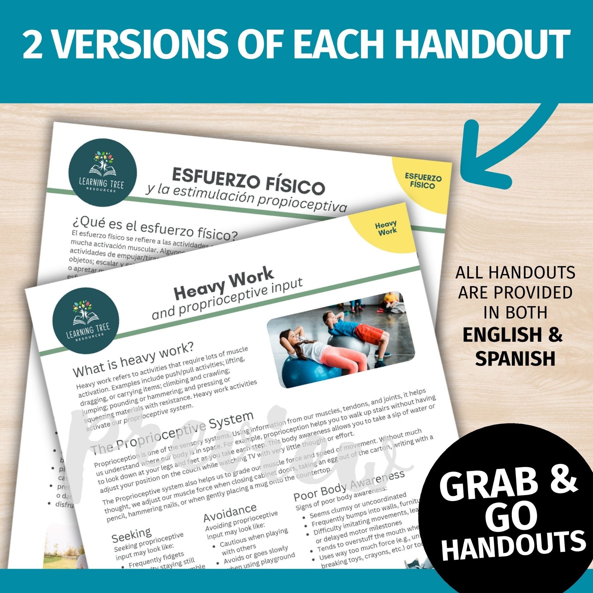Proprioception, Heavy Work & Sensory Diet Activity Handouts in Spanish & English BUNDLE